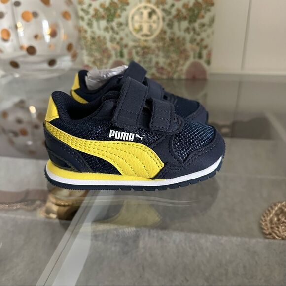 Puma Baby Street Runner V2 Mesh Hook and Loop Navy and Yellow Stripe Sneakers 4 - Picture 7 of 11